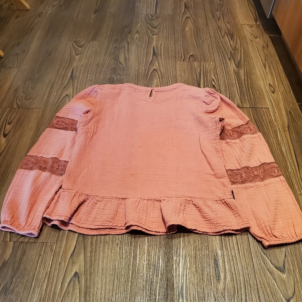 Calligraphie Dusty Rose Top Long Sleeve Peplum Cotton Embroidered Mesh Casual M